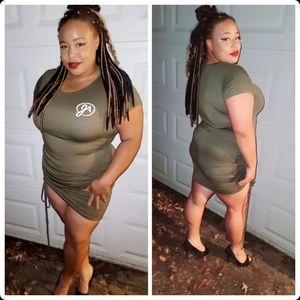 GREEN CREWNECK DRAWSTRING DRESS